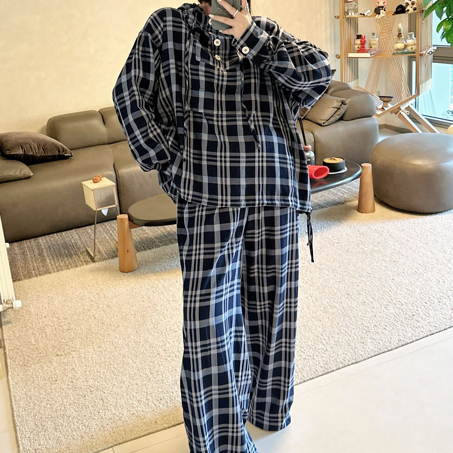 2025新款女装春装欧美时尚小众格子长袖衬衫上衣休闲长裤裤套装