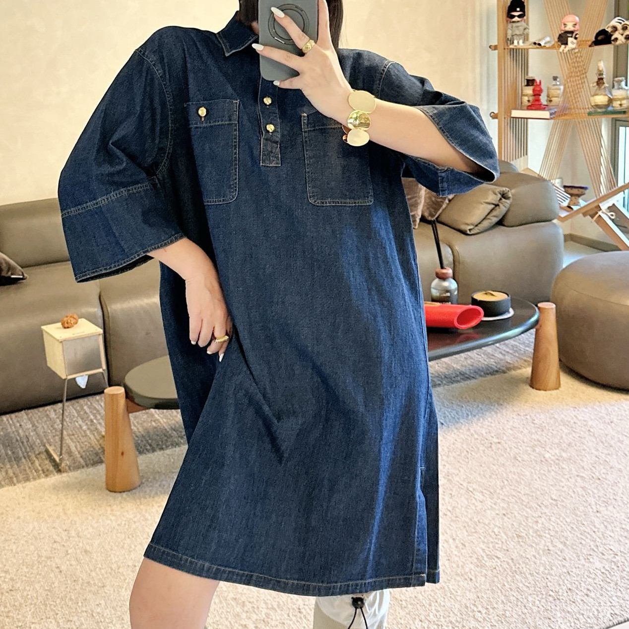 2025新款女装春装欧美时尚小众深蓝色牛仔裙舒适宽连衣裙衬衫裙