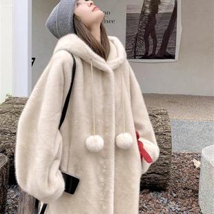 小众连帽加厚中长款仿水貂毛绒大衣皮毛一体毛茸茸环保皮草外套冬