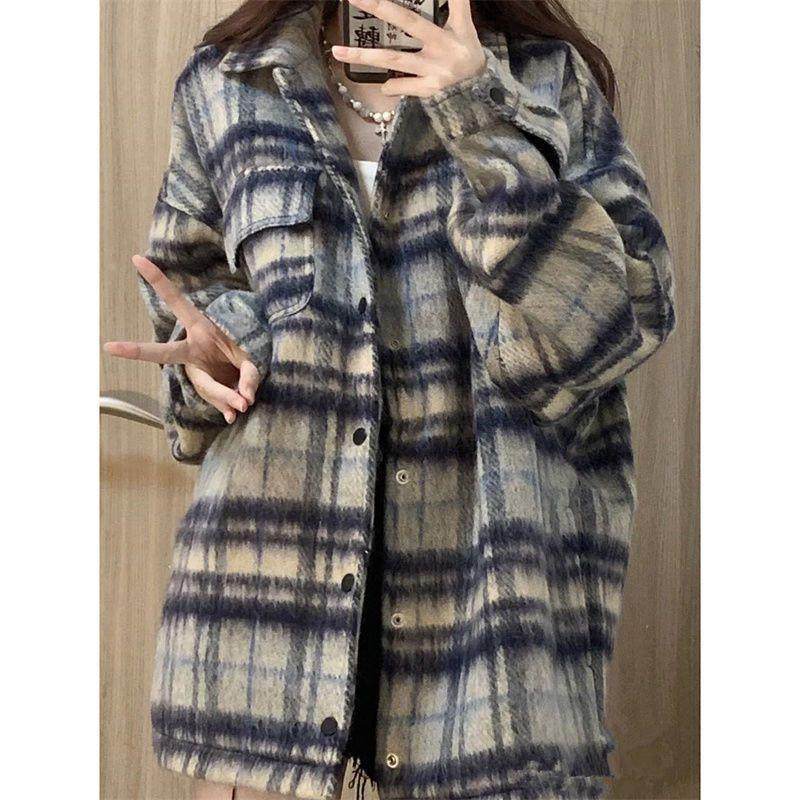 美式复古日系小香风韩版2025新款街头潮牌毛呢格子衬衫女工装夹克