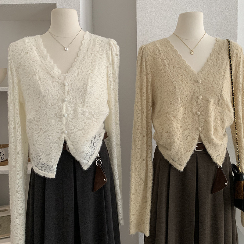 欧玛莱 褶皱V领抓绒蕾丝衫女2025秋冬季新品气质长袖上衣实拍5412