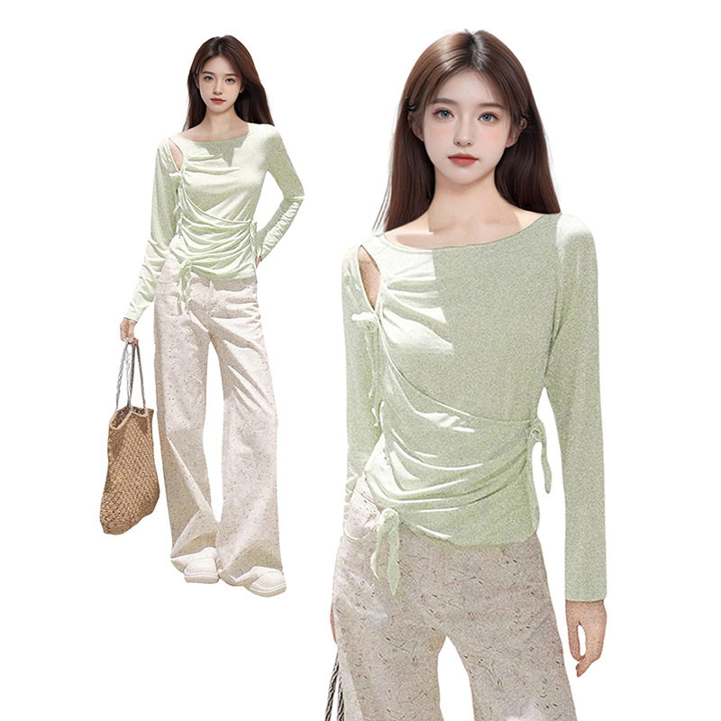 绿色假两件镂空露肩针织长袖t恤女夏设计感修身收腰防晒罩衫上衣