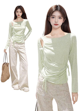 绿色假两件镂空露肩针织长袖t恤女夏设计感修身收腰防晒罩衫上衣