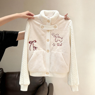 白色半高领毛衣开衫女秋早秋设计感宽松慵懒风加绒加厚外套2025