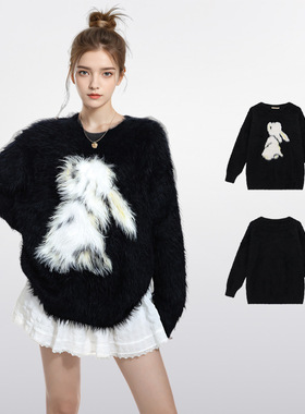 美式黑色水貂绒兔子毛衣女秋冬季美拉德oversize加厚海马毛针织衫
