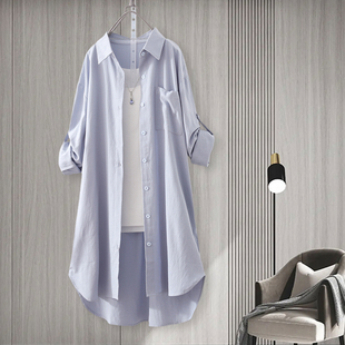 遮屁股长袖 女宽松中长款 衬衣薄外套 纯色外搭衬衫 跨境外贸春秋新款