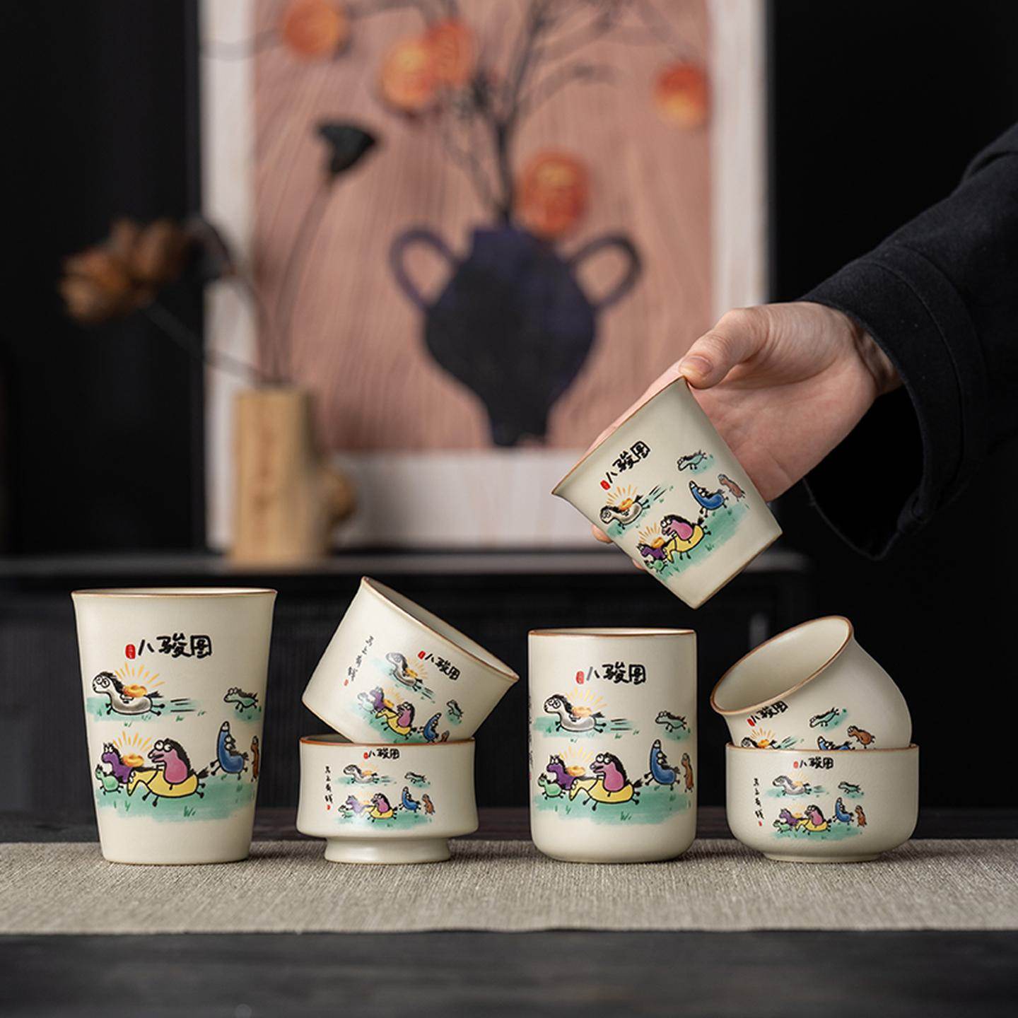 八骏图汝窑茶杯开片可养茶盘摆件大号主人杯国风品茗杯搞怪可乐杯,餐饮具,茶杯,淘宝优惠券,粉丝福利购,淘宝优惠卷