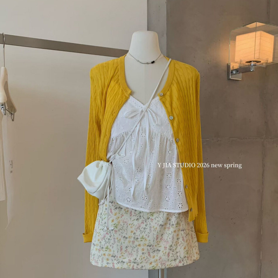 度假风麻花针织开衫蕾丝吊带碎花半裙女春季三件套装