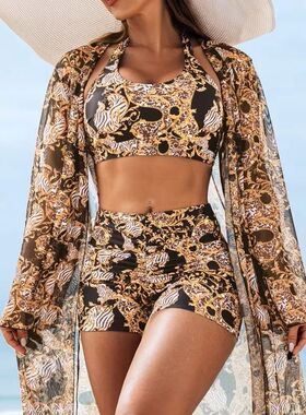 多色印花女士泳衣三件套Multi colored printed women's swimsuit