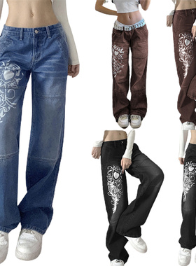 Printed loose wide leg women's jeans印花宽松阔腿女简约牛仔裤