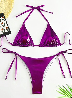 Solid color lace up bikini two-piece set纯色系带比基尼两件套