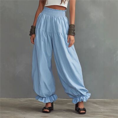 纯色荷叶边休闲裤Solid color elastic ruffle edge casual pants