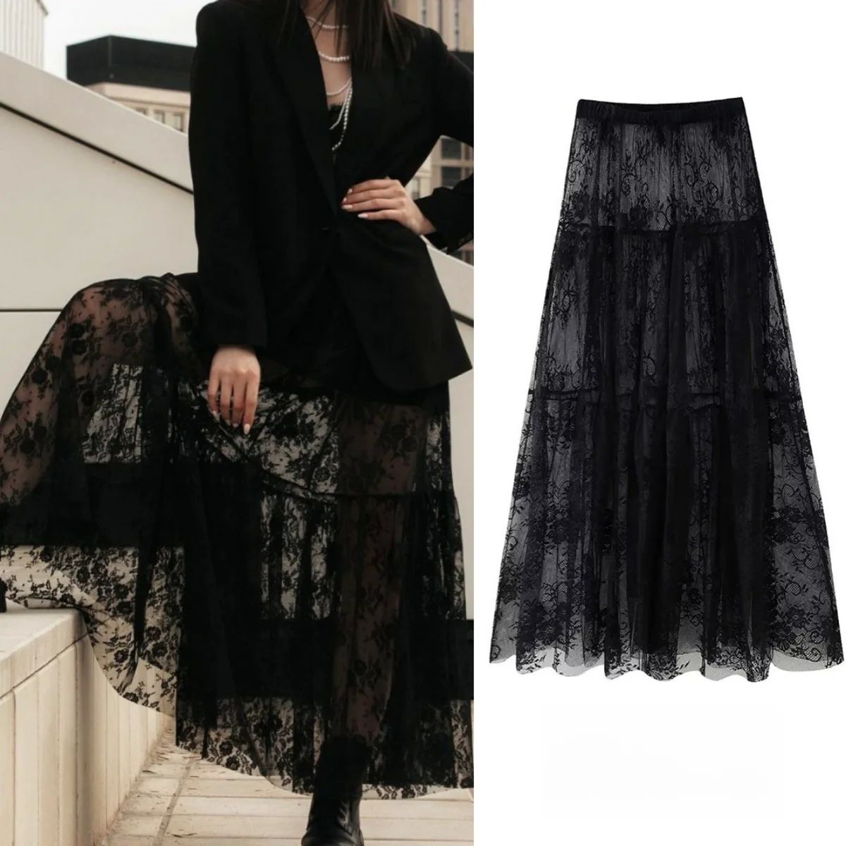 Lace patchwork hollow skirt for women 蕾丝拼接高腰镂空半身裙