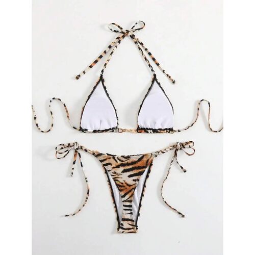 豹纹印花系带挂脖分体泳衣 Leopard print neck hanging swimsuit