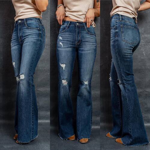 High rise stretch perforated flare pants高腰弹力破洞喇叭长裤
