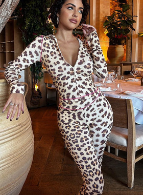 Leopard high waisted tight pants set豹纹高腰紧身女士长裤套装