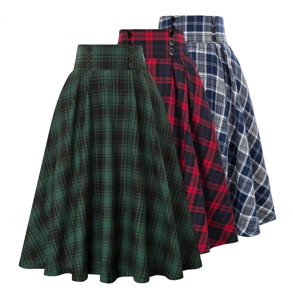 High waisted plaid large swing skirt women高腰格子大摆半身裙