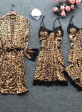 Leopard Lace Patch Slim Sleeping Dress豹纹蕾丝拼接吊带睡裙女