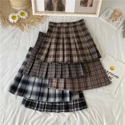 Checkered high waisted pleated A-line skirt格子高腰百褶A字裙
