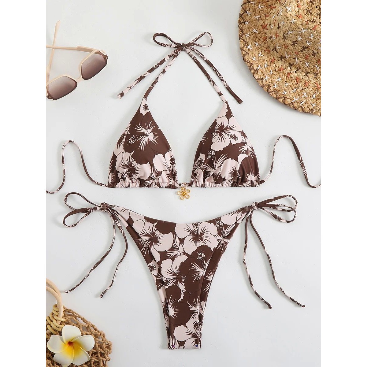 印花系带双面泳衣两件套 Printed lace up double-sided swimsuit