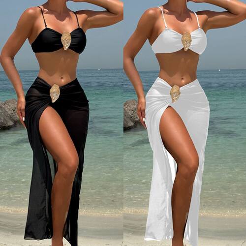 Solid color button strapless three piece set纯色纽扣抹胸套装