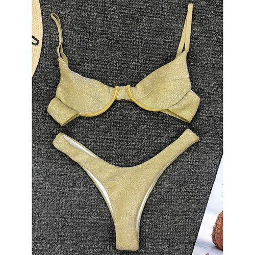 纯色亮片低腰泳衣 Solid color sequin low waist split swimsuit