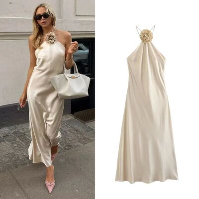 Solid color backless off shoulder dress纯色露背露肩连衣裙女
