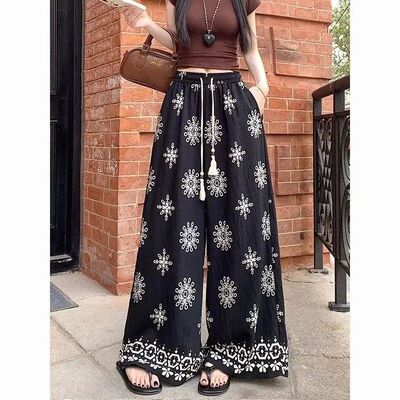 高腰抽绳直筒裤High waisted drawstring printed wide leg pants
