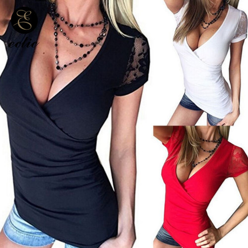 Solid Color V-Neck Lace Short Sleeves纯色V领蕾丝拼接休闲短袖