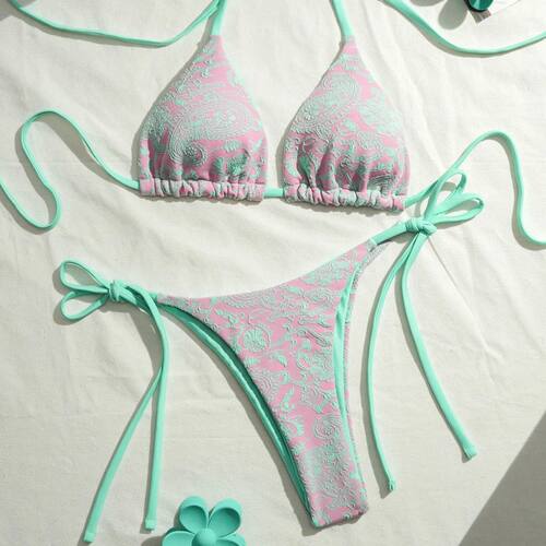 撞色印花系带挂脖泳衣 Color blocking printed lace up swimsuit