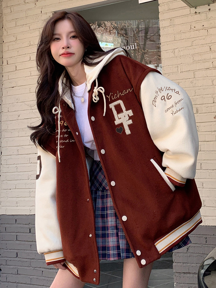 红色美式复古棒球服外套女春秋学生宽松夹克休闲开衫上衣薄款褂子