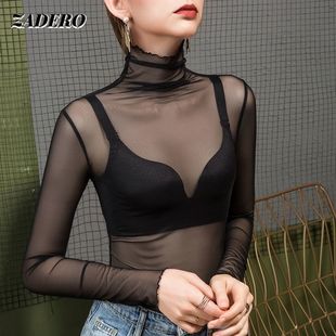 solid 性感网纱堆堆领上衣女 color pile collar net blouse Sexy