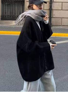 黑色针毛套衣外女大TIL2025加厚外穿复古中码长款慵懒宽松v领织开