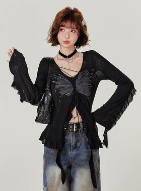 木Gilyhalo式r辣妹长袖t恤女秋季新款ETG设计感耳边针织开美衫外