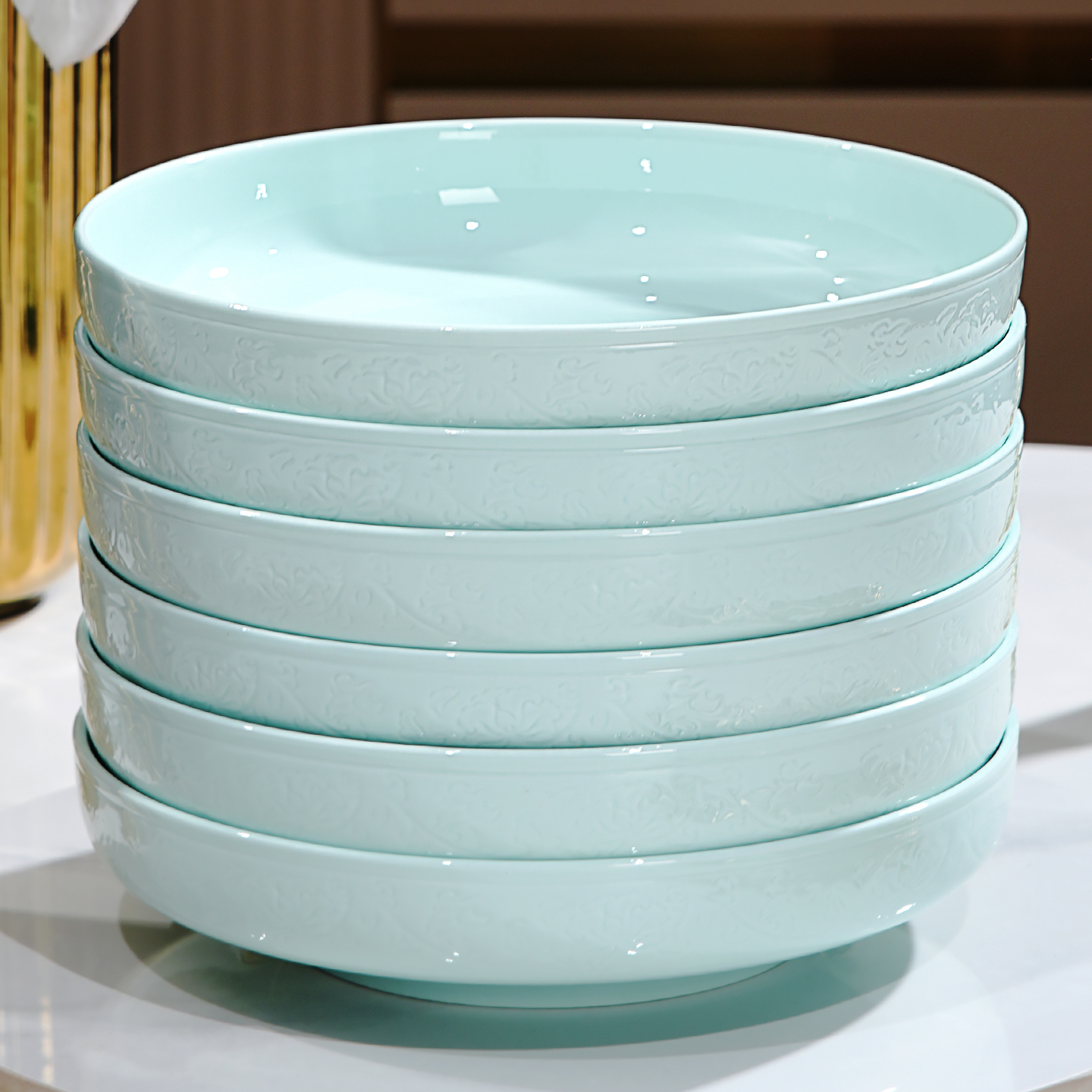 景德镇骨瓷盘子高档青瓷菜盘家用2025年新款高颜值中式浮雕餐具盘