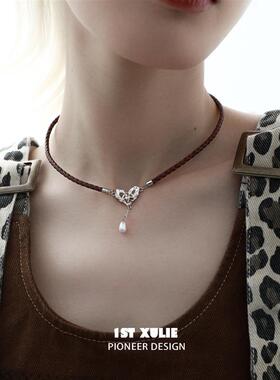 爱心吊坠纯银项链不掉色原创小众设计皮革锁骨链新款颈链