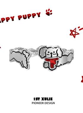 快乐小狗戒指纯银原创小众设计冷淡风开口戒不掉色