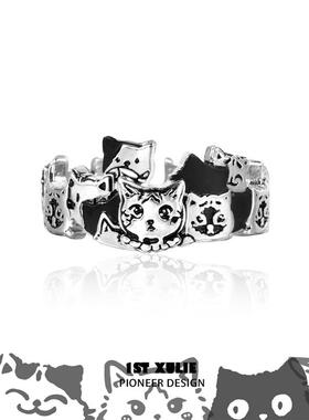 涂鸦小猫戒指纯银原创小众设计高级冷淡风开口戒不掉色