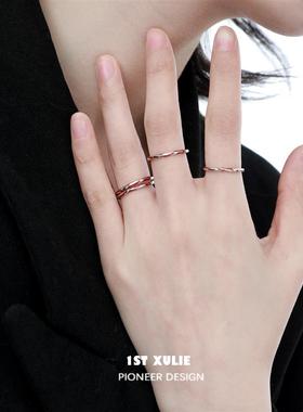 纯银不掉色原创红色素圈戒指小众设计冷淡风高级开口食指情侣对戒