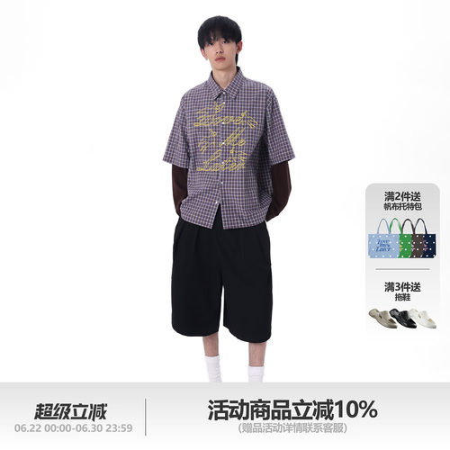 【明星同款】LOVEMELATER 假两件格纹燕子刺绣衬衣复古衬衫