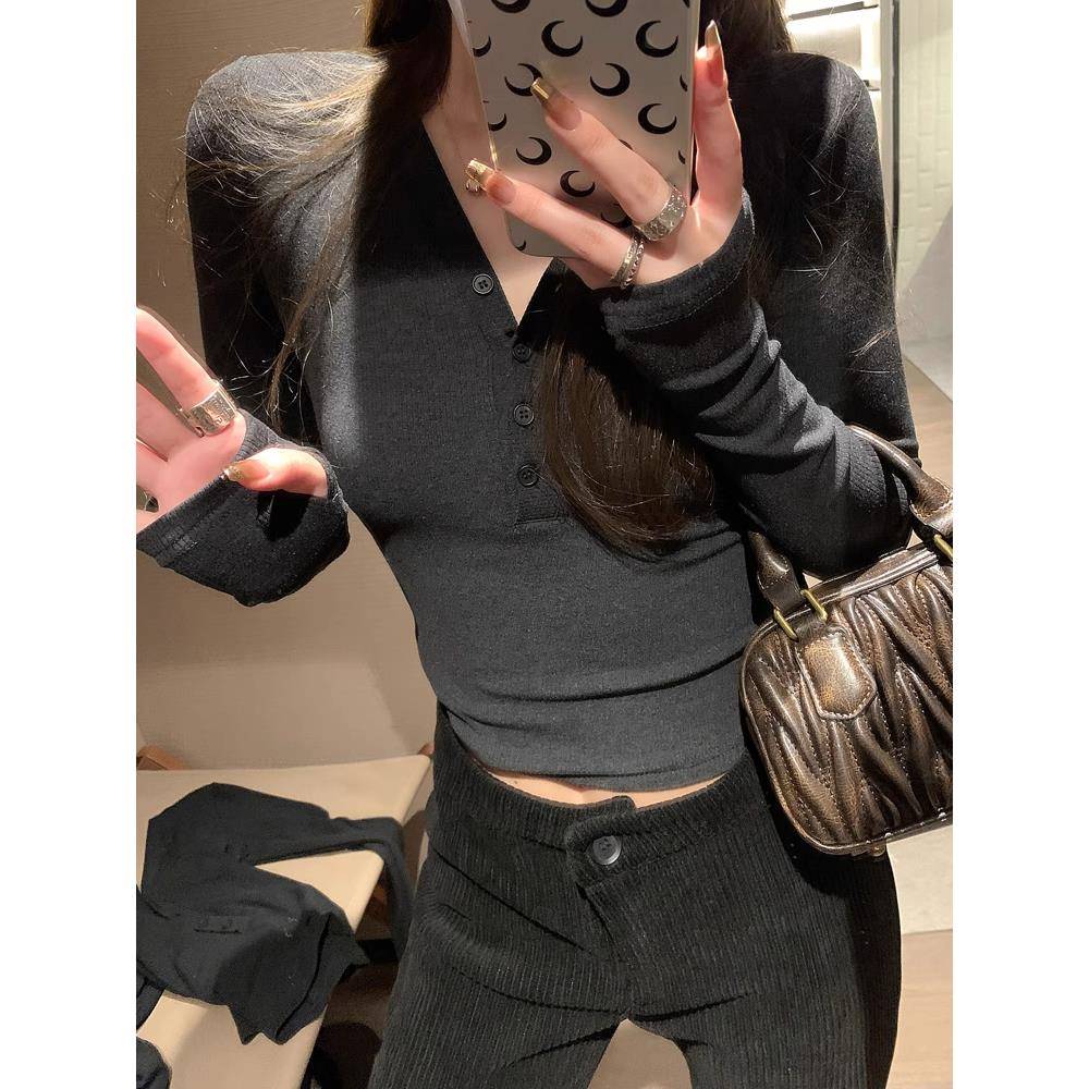 秋冬修身收腰V领加绒磨毛羊绒针织衫内搭打底衫显瘦长袖T恤上衣女