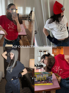 1CP 红色本命年趣味小马图案T恤女2026新款白色内搭短袖上衣藏青