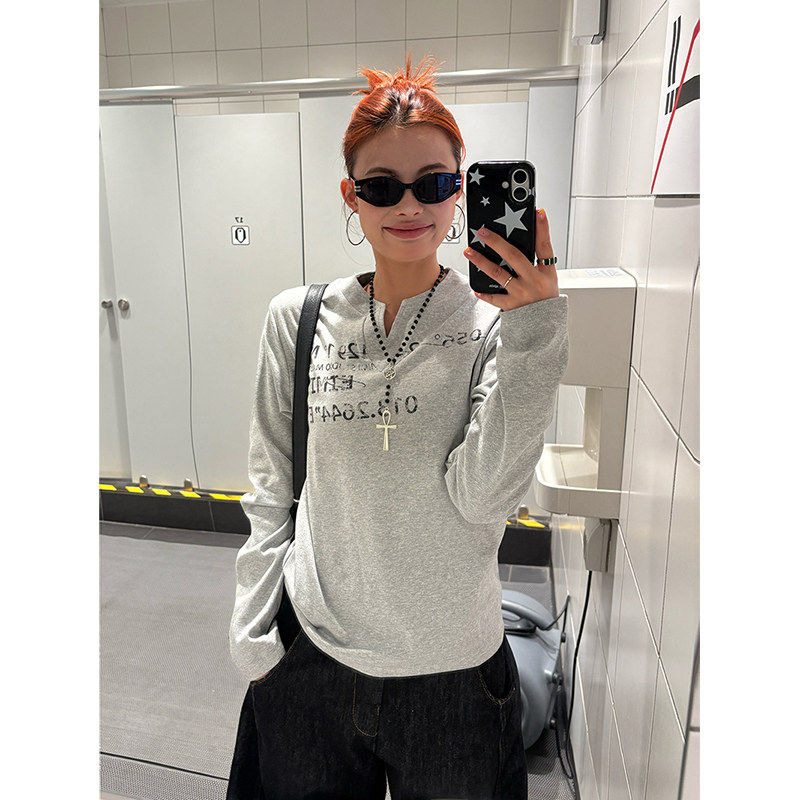 野生阿子长袖正肩T恤女美式覆古V领字母印花微宽松百搭显瘦上衣潮