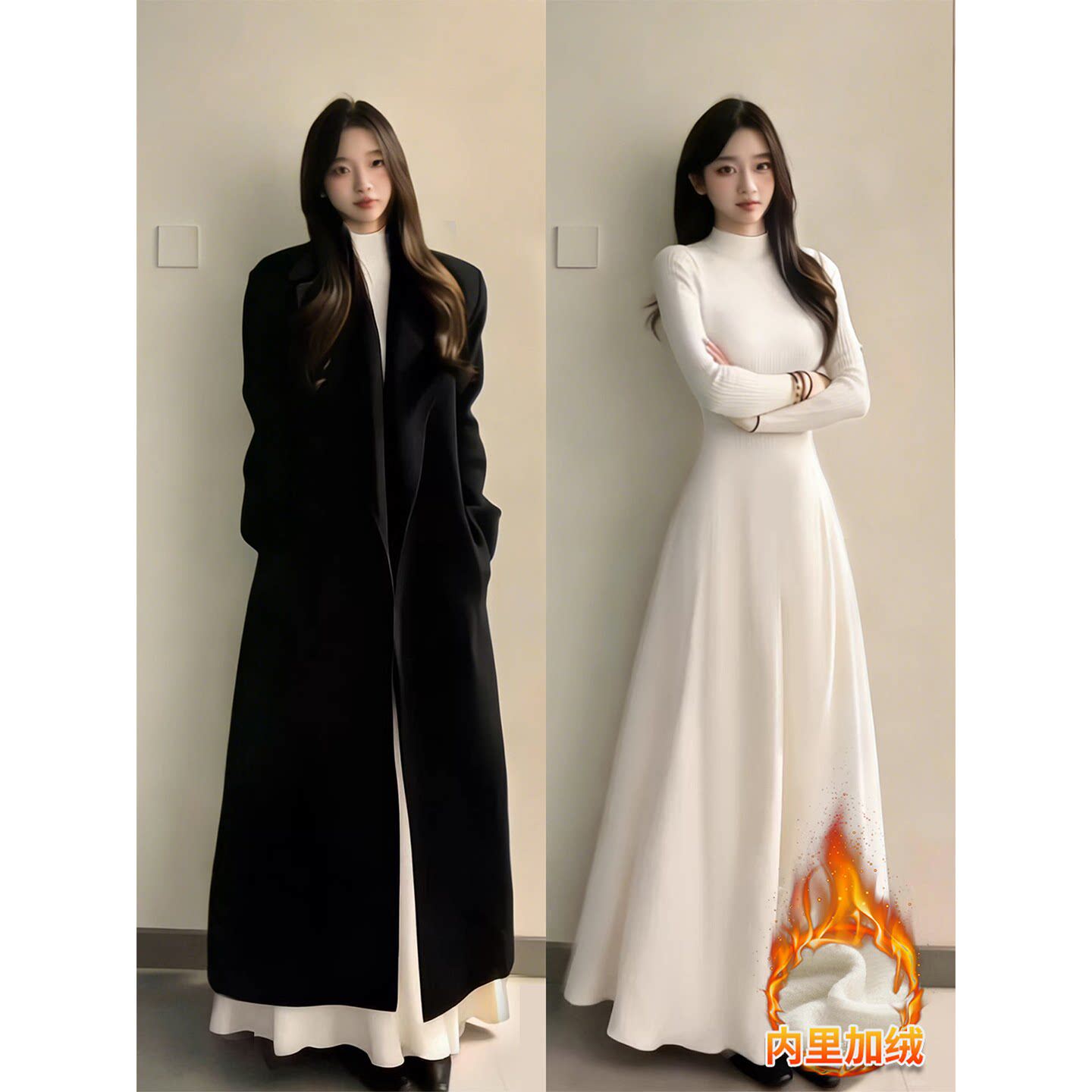白色针织连衣裙女冬季加绒加厚冬装高级感长款大衣内搭打底长裙子