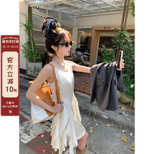 馨帮帮  自制初恋小白裙不规则蕾丝花边吊带裙浪漫收腰白色连衣裙