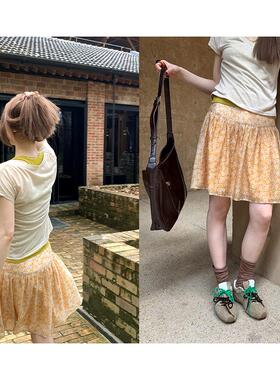 Hellooo Eat 透气天丝短裙夏季度假感黄色碎花半身裙显瘦蓬蓬短裙