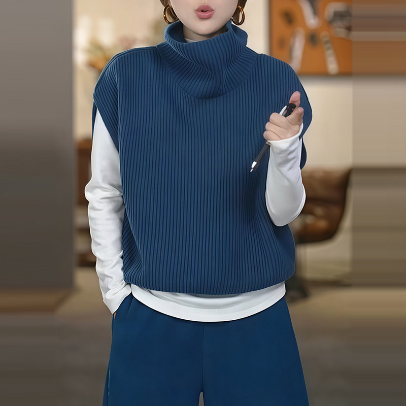 轻奢穿搭一整套春季新款时尚高领针织马甲纯色百搭上衣纯色两件套