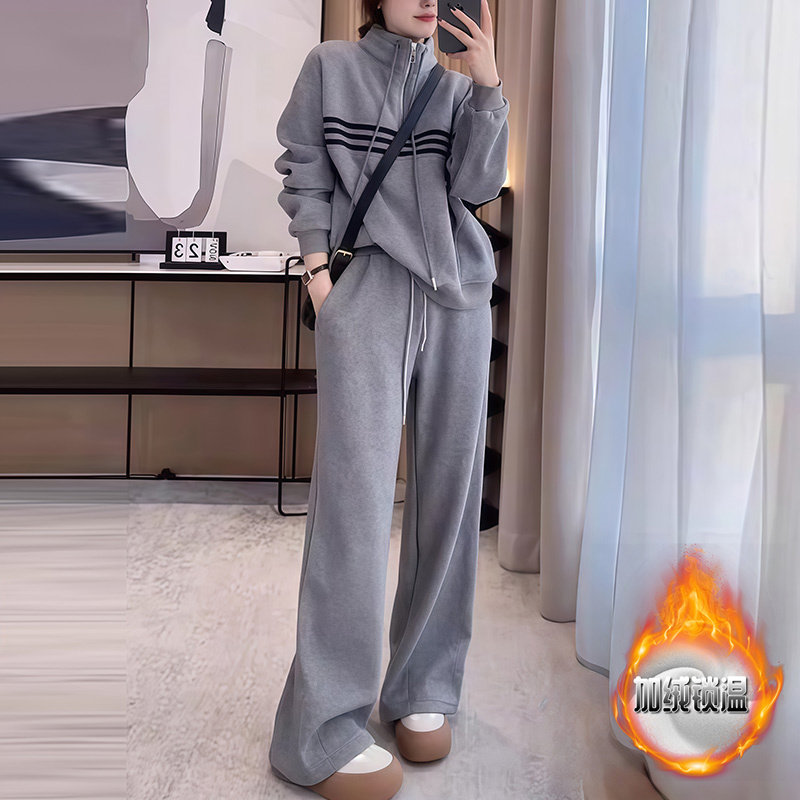 休闲运动套装女秋冬加绒加厚时尚宽松立领卫衣阔腿裤两件套高级感