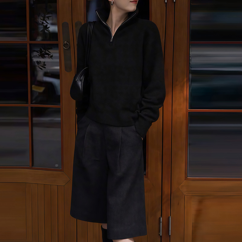 韩系休闲通勤风半拉链立领套装女