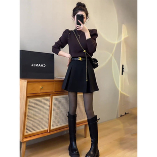 冬装搭配一整套法式泡泡袖针织衫小衫女春季显瘦半身裙两件套装潮